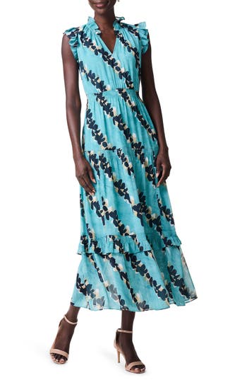 Nic + Zoe Rolling Reef Ruffle Trim Maxi Dress In Aqua Multi