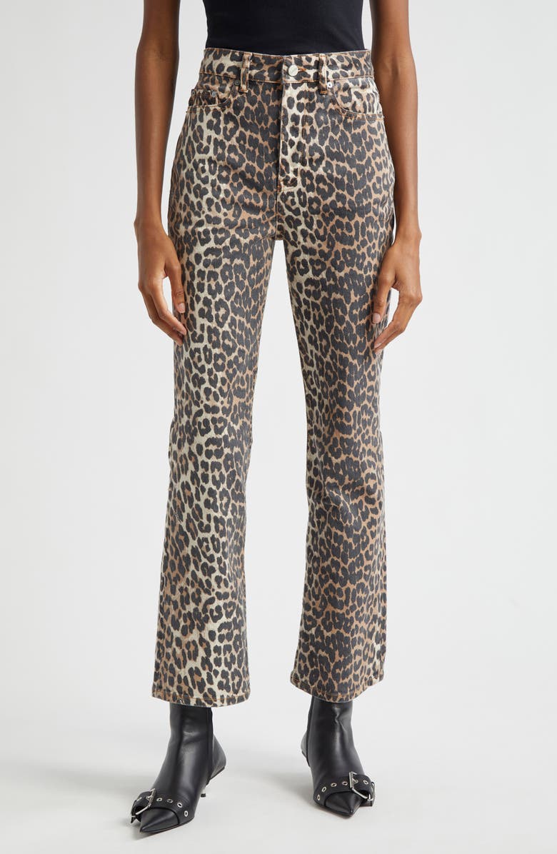 Ganni Betzy Leopard Stretch Organic Cotton Crop Jeans, Main, color, 