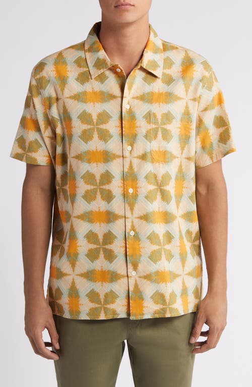 Treasure & Bond Trim Fit Geo Print Short Sleeve Linen & Cotton Button-up Shirt In Orange- Green Ikat Patchwork