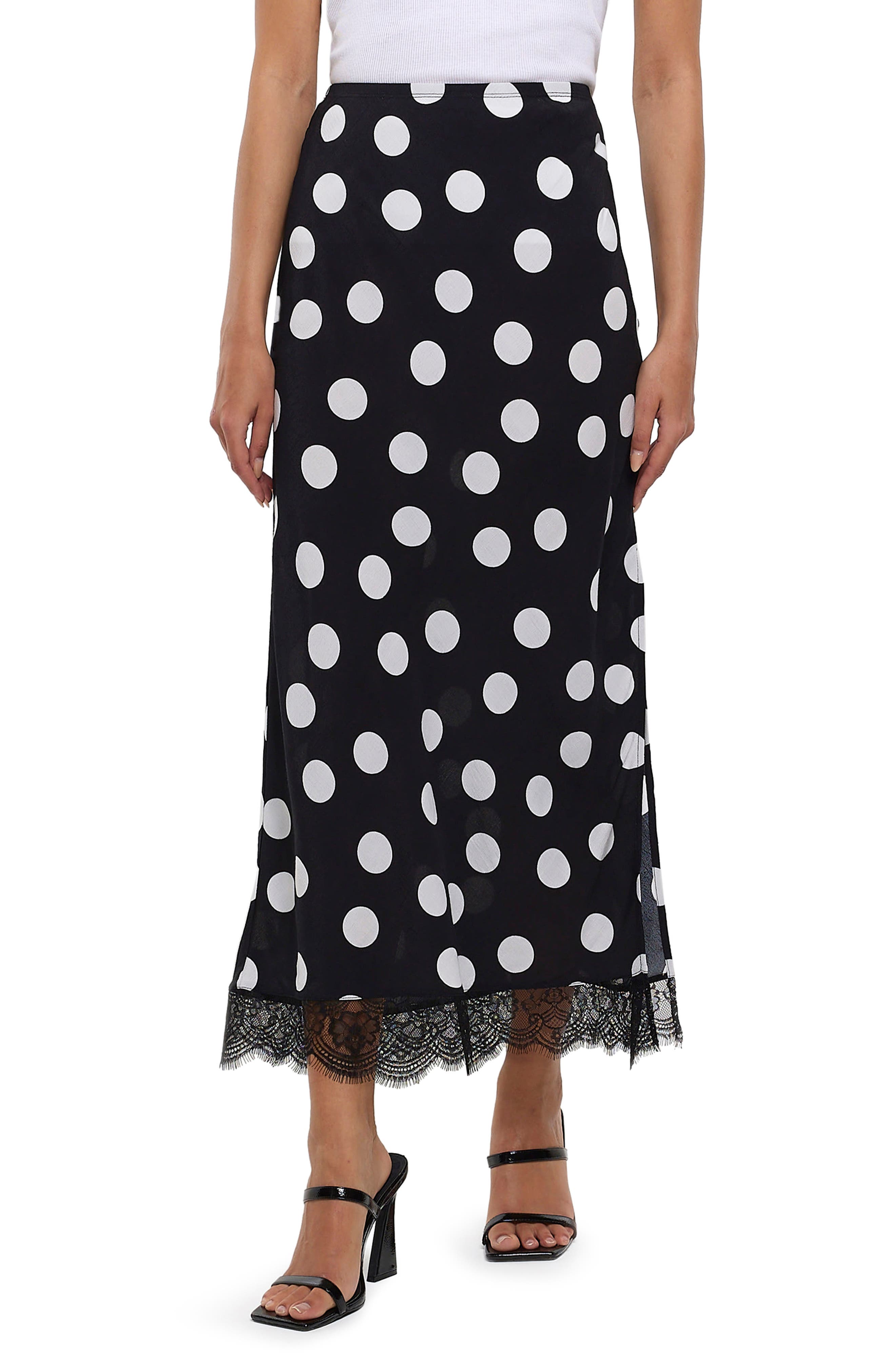 River Island Lace Trim Polka Dot Bias Satin Midi Skirt in Black