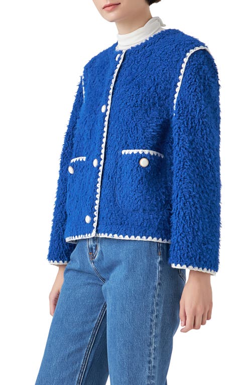 Shop English Factory Premium Contrast Trim Faux Shearling Jacket In Blue/white