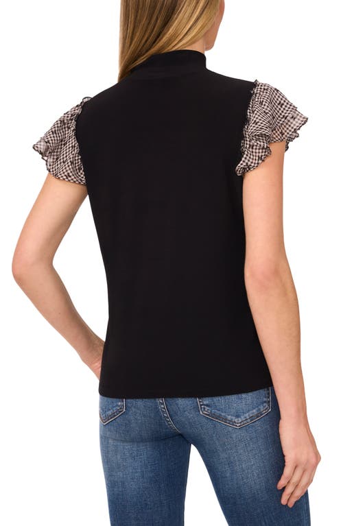 Cece Gingham Print Double Ruffle Mixed Media Top In Rich Black