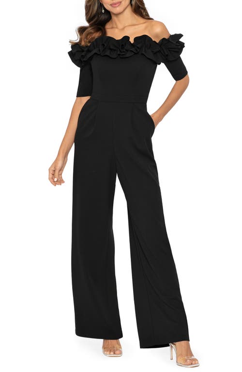 Xscape Evenings Ruched Ruffle Scuba Crepe Jumpsuit Black at Nordstrom,