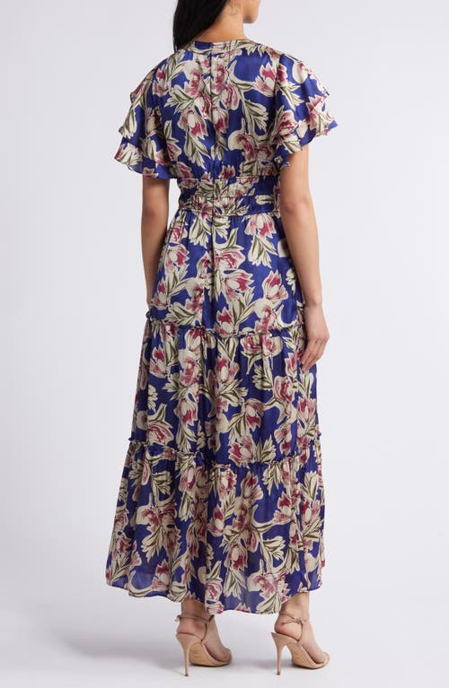 Shop Julia Jordan Orchid Print Flutter Sleeve Satin Dress In Blue Multi