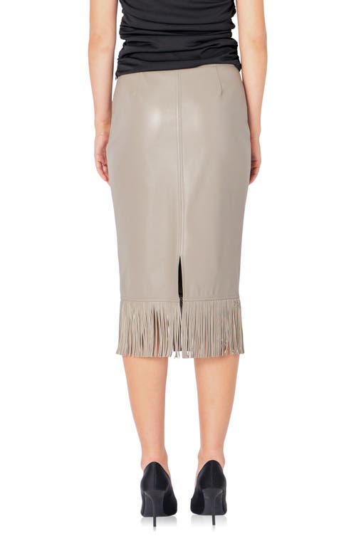 Shop Endless Rose Fringe Faux Leather Midi Penci Skirt In Taupe