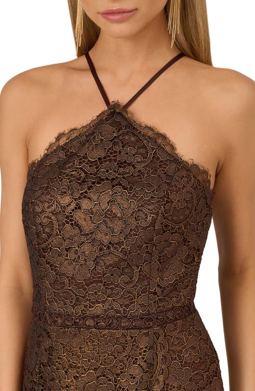 Shop Adrianna Papell Metallic Lace Halter Cocktail Dress In Bronze