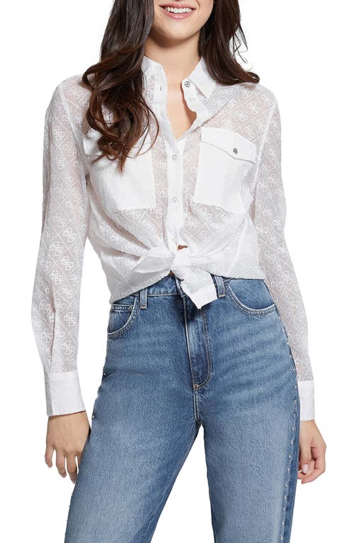 GUESS Logo Embroidery Sheer Button-Up Shirt White at Nordstrom,