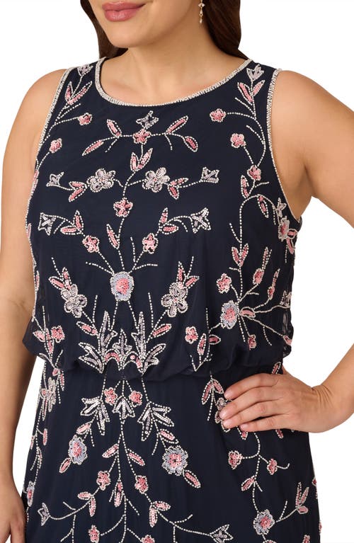 Shop Adrianna Papell Floral Embellished Mesh Midi Gown In Navy/blush