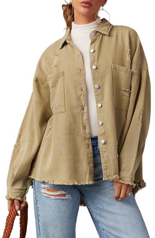 Thinking Out Loud Distressed Denim Shirt Jacket in Sage