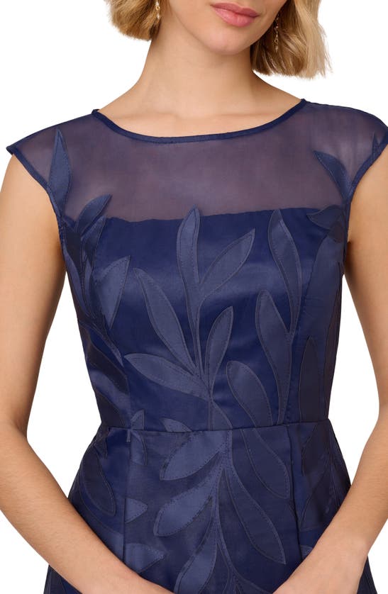 Shop Adrianna Papell Leaf Appliqué Organza Gown In Navy Sateen
