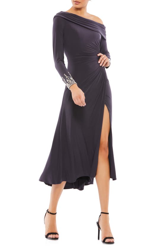 Shop Mac Duggal One-shoulder Long Sleeve Midi Dress In Charcoal