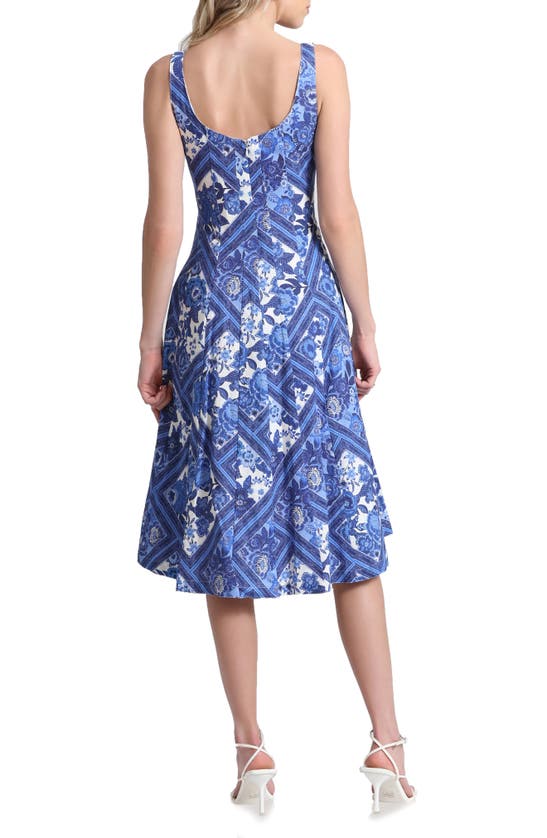Shop Avec Les Filles Floral Linen Blend Fit & Flare Midi Dress In Blue Lolita Patchwork