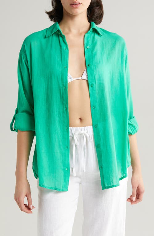 Cotton Button-Up Cover-Up Shirt in Green Bright