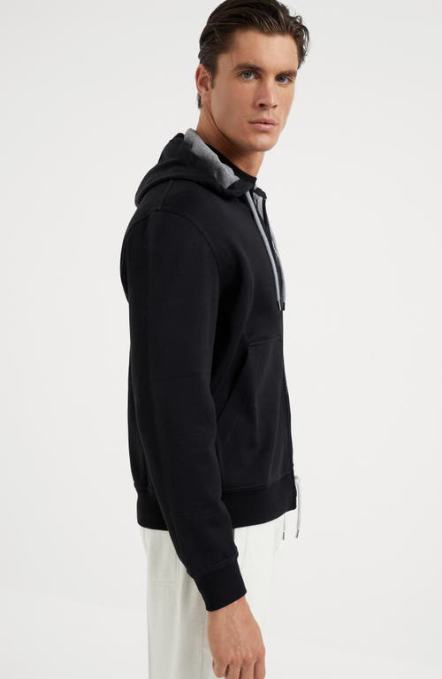 Shop Brunello Cucinelli Cotton, Cashmere And Silk French Terry Double Cloth Hooded Sweatshirt With Zipper In Black