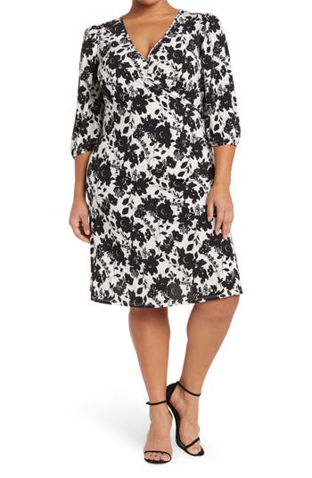 By Design Amelia Side Ruched Surplice Dress In Black/white Floral