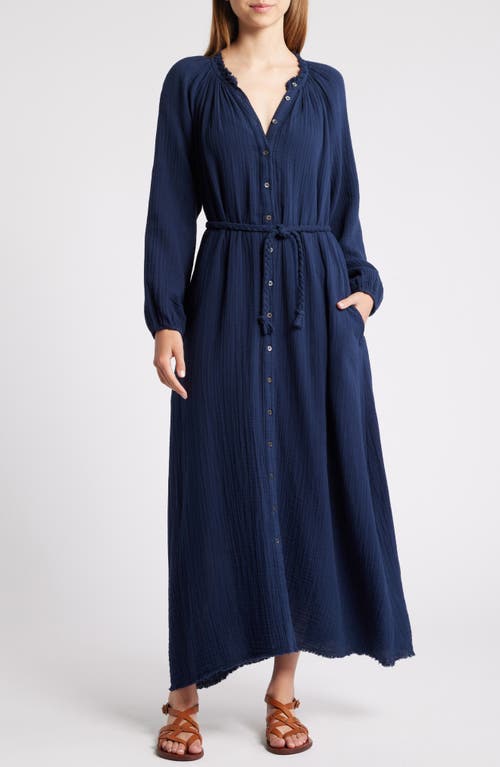 Shop Xirena Xírena Andrea Tie Waist Long Sleeve Gauze Maxi Dress In Navy Blue