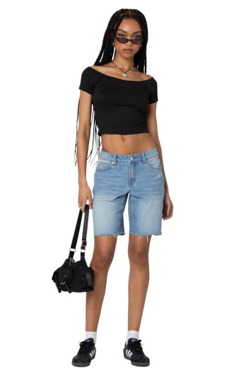 Shop Edikted Riptide Ripped Denim Bermuda Shorts In Blue-washed