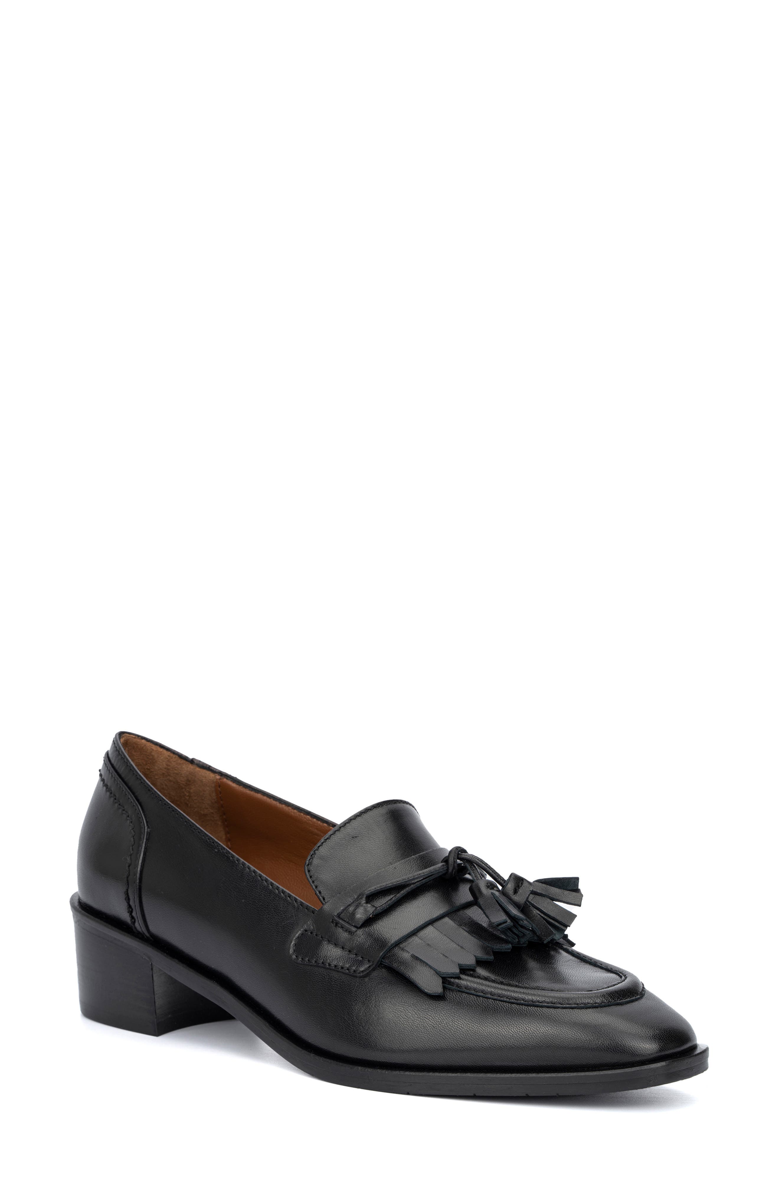 Aquatalia Rosella Block Heel Tassel Loafer in Black Smart Closet