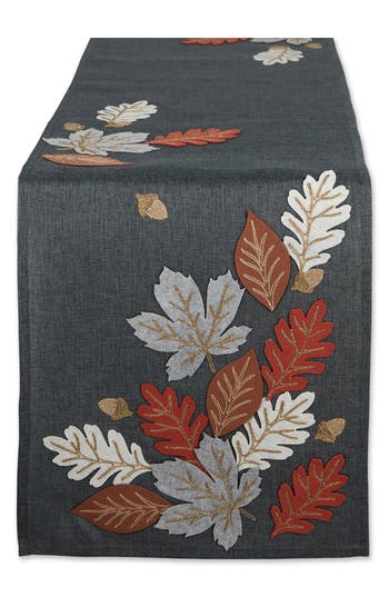 Design Imports Autumn Leaves Embroidered Table Runner In Gray