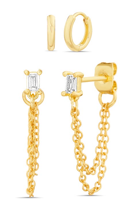 Assorted 2-Piece Huggie Hoop & Crystal Chain Drop Earrings