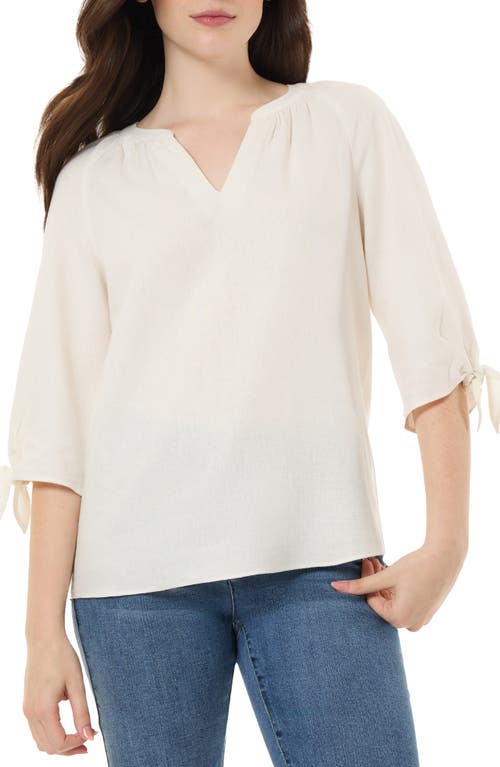 V-Neck Elbow Sleeve Linen Blend Top in Nyc White