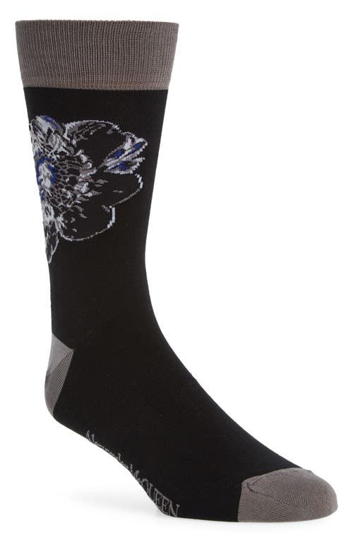 Alexander Mcqueen Chiaroscuro Floral Cotton Crew Socks In Black/light Grey