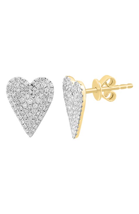 14K Yellow Gold Pavé Diamond Heart Stud Earrings - 0.47ct.