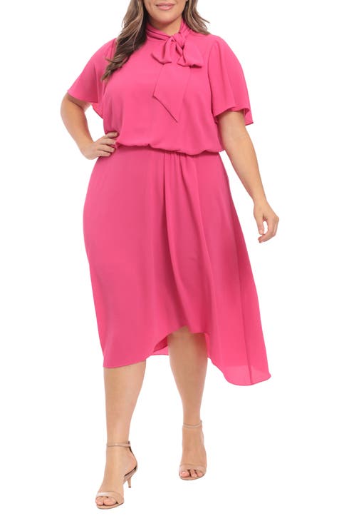 Plus Size Tie Waist Notched Neck Flutter Sleeve Dress