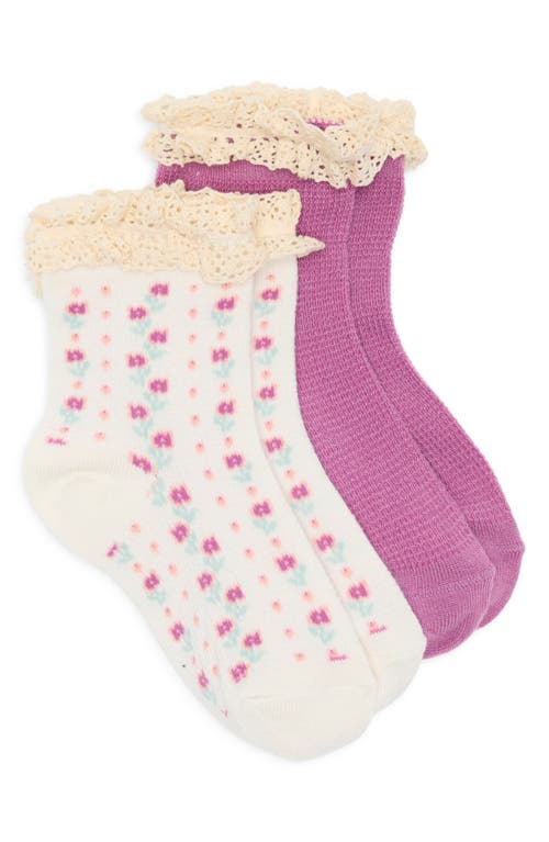 Nordstrom Kids' 2-pack Waffle Knit Ankle Socks In Purple Cloud Ditsy Floral Pack