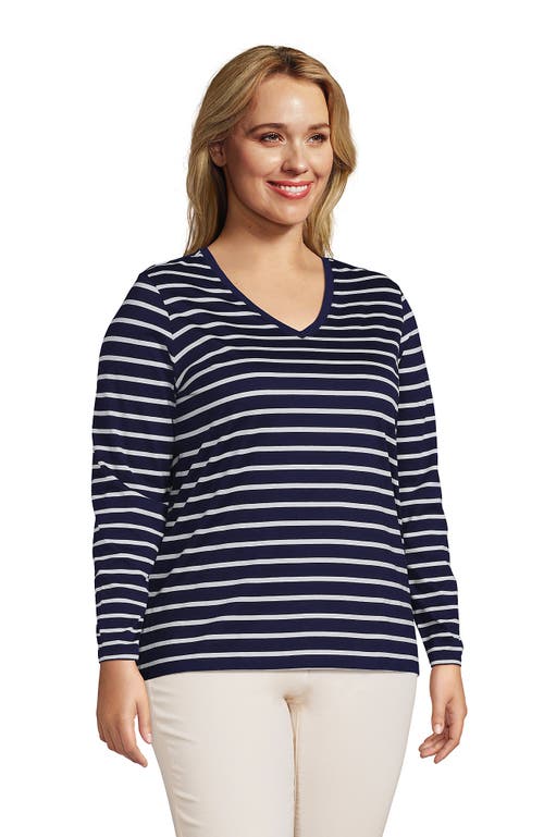 Shop Lands' End Plus Size Relaxed Supima Cotton Long Sleeve V-neck T-shirt In Deep Sea Navy Breton Stripe