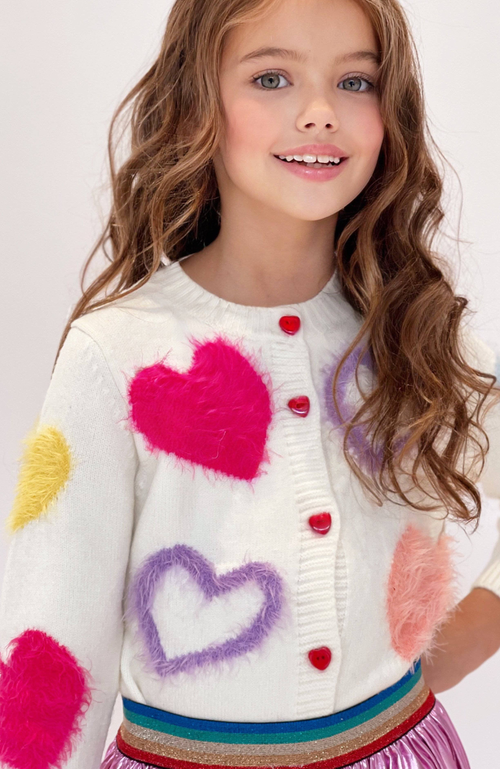 Lola + The Boys Fuzzy Hearts Cardigan In White