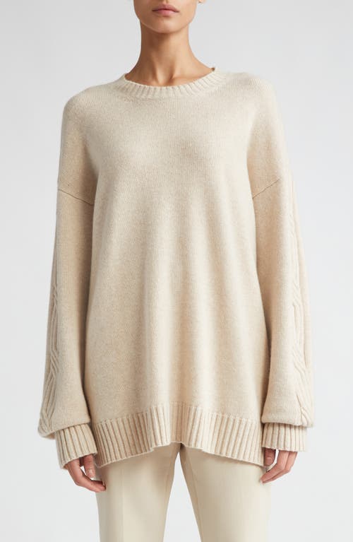 Vicini Cable Knit Sleeve Cashmere Crewneck Sweater in Beige