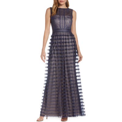 Tadashi Shoji Embroidered Mesh Sleeveless Gown, Blue