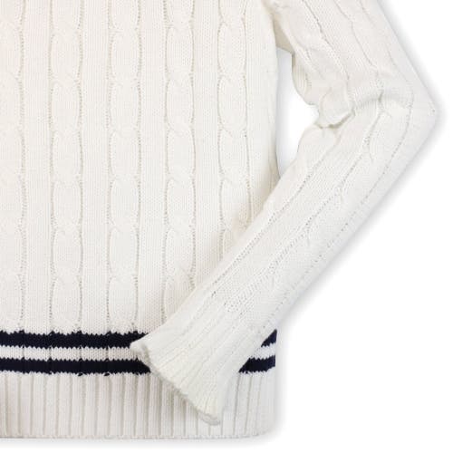 Shop Hope & Henry Girls' Ruffle Cuff Cricket Sweater, Kids In Soft White Cable With Navy