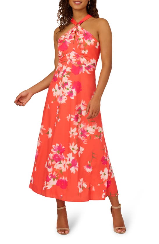 Shop Adrianna Papell Floral Halter Neck Chiffon Dress In Orange Multi