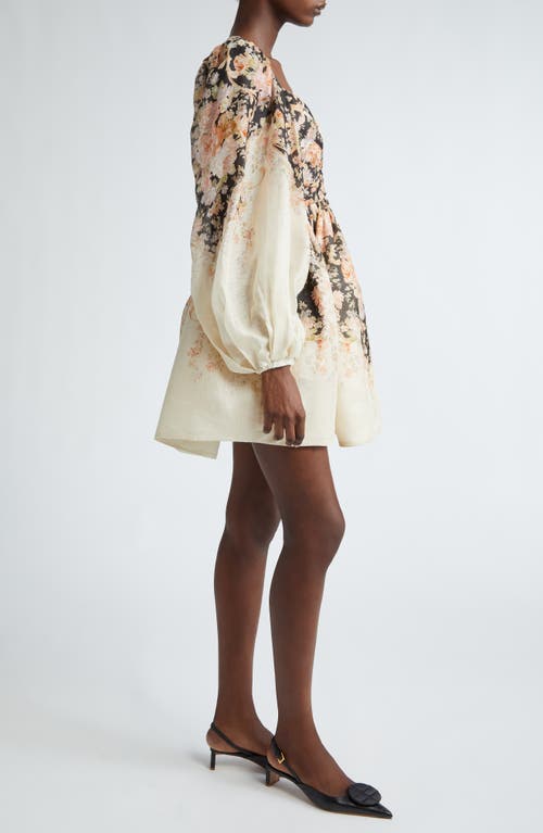 Shop Zimmermann Illustration Floral Long Sleeve Draped Linen & Silk Minidress In Tea Rococo Floral