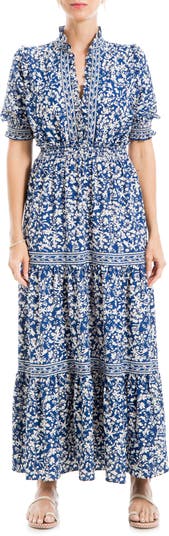 Printed Short Sleeve Tiered Maxi Dress