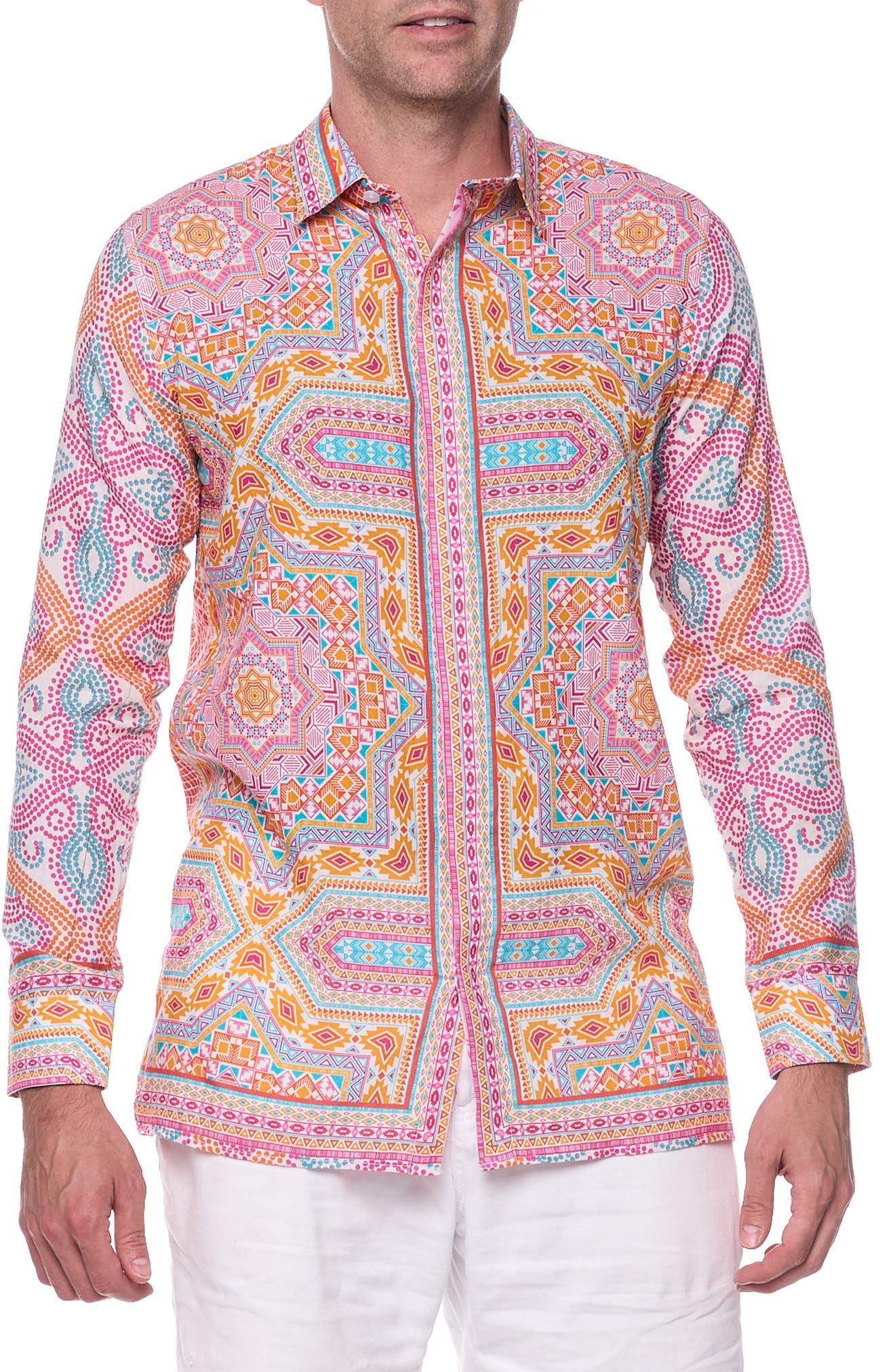 Ranee's Ranees Geometric Print Linen & Cotton Blend Button-up Shirt In Pink