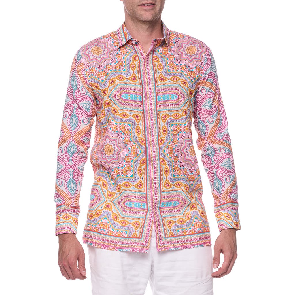 Ranee's Ranees Geometric Print Linen & Cotton Blend Button-up Shirt In Pink