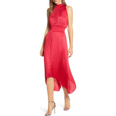 1.state Halter Neck Handkerchief Hem Pleated Dress, Red