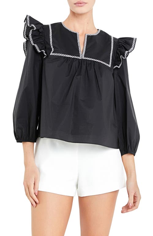 English Factory Embroidered Ruffle Balloon Sleeve Cotton Top In Black/white