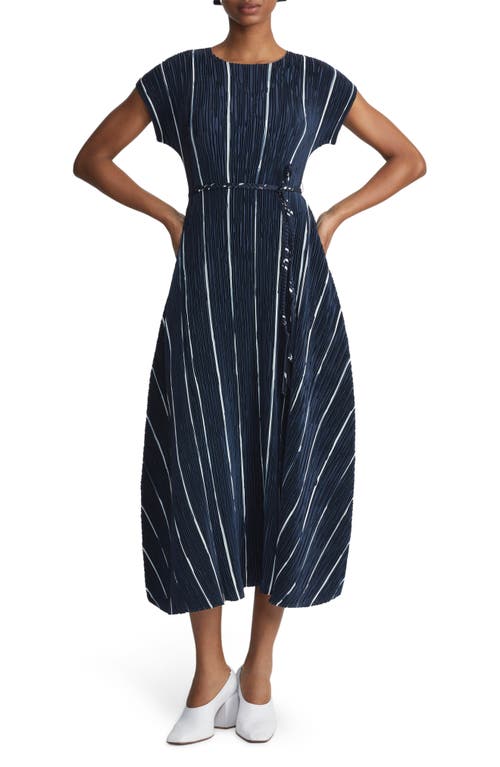 Stripe Plissé Recycled Polyester Satin Maxi Dress in Ink Multi