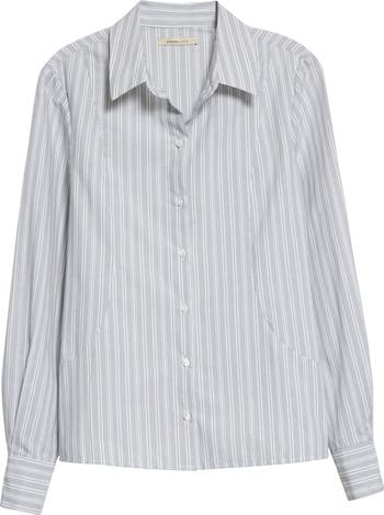 Line Stripe Bishop Sleeve Cotton Button-Up Shirt