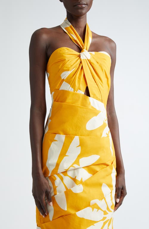 Shop Johanna Ortiz Language Palm Print Halter Midi Dress In Wilderness Yellow-ecru