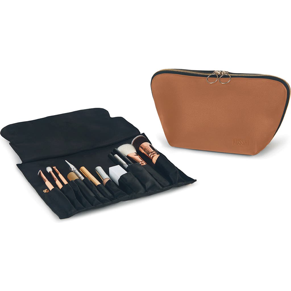 Kusshi Signature Leather Makeup Brush Organizer In Brown
