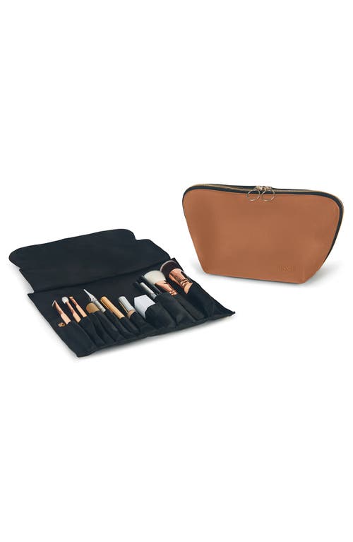 KUSSHI Signature Leather Makeup Brush Organizer in Camel Leather/Red