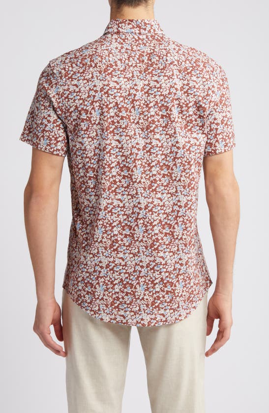 Shop Nordstrom Trim Fit Floral Short Sleeve Stretch Cotton & Linen Button-down Shirt In Brown Sable Floral Ditsy