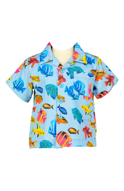Tropical Fish Print Short Sleeve Cotton Button-Up Shirt (Baby)