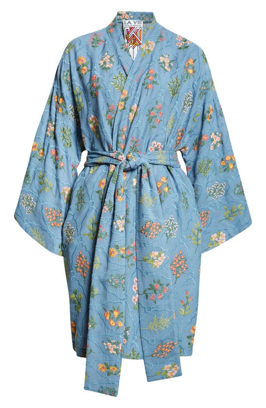 Shop La Vie Style House Garden Flower Embroidered Long Sleeve Wrap Minidress In Slate Blue Multi