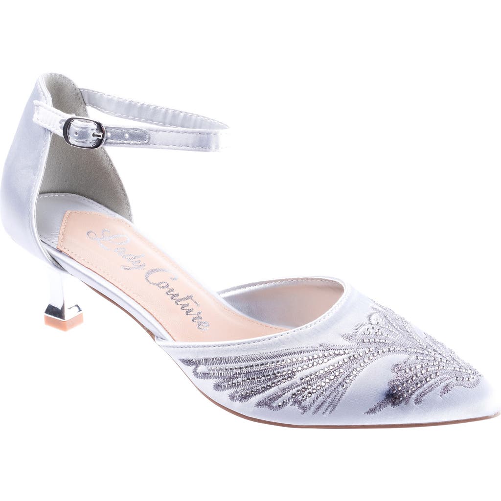 Lady Couture Women's Closed Toe, Closed Back, Open Sides Instep Strap Embroidered Short Heel Pumps In Silver